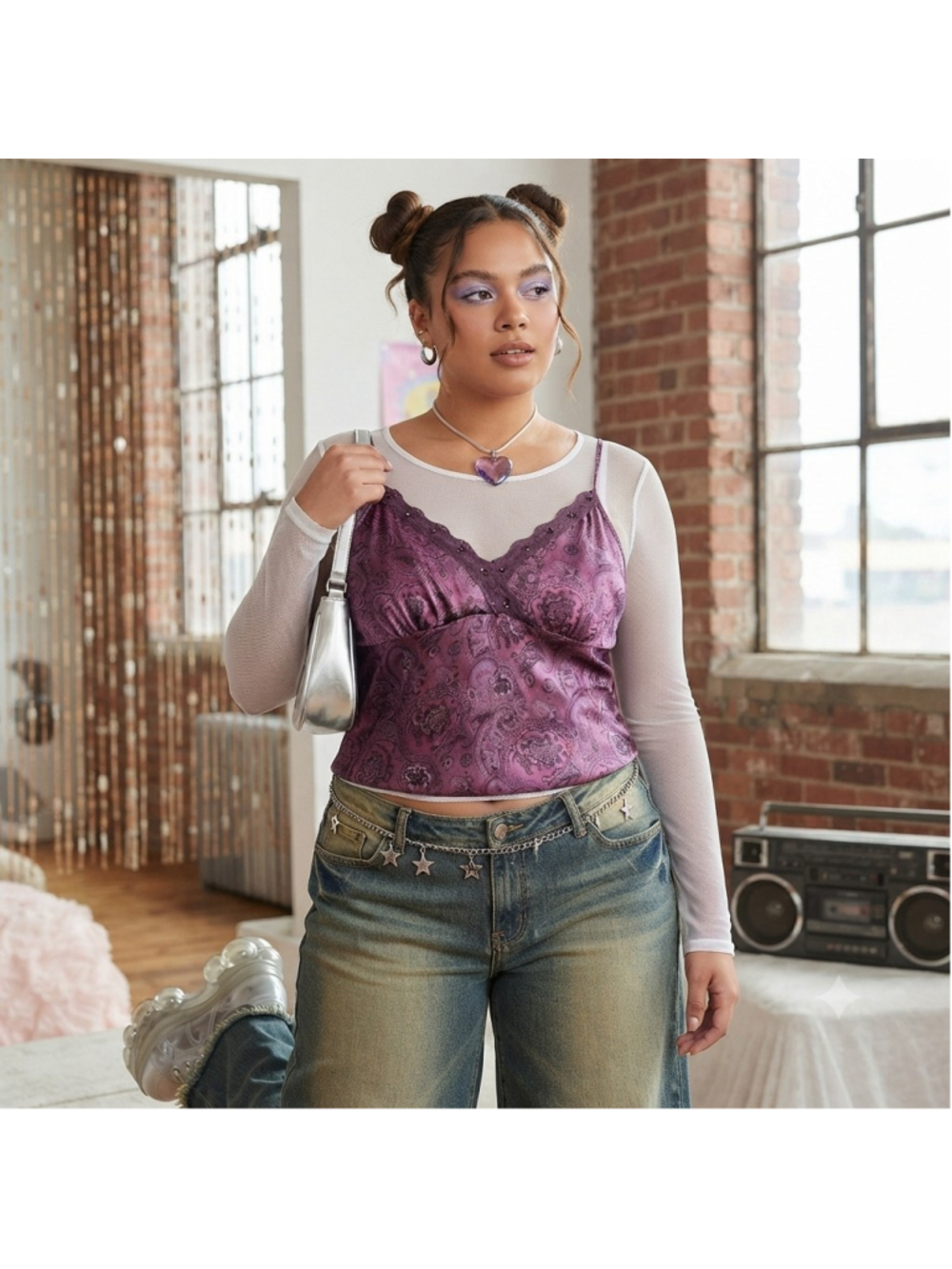 Studio 1940 Plus Sze 20 Purple Satin Cami Paisley Lace Trim Y2K Indie Sleaze Top